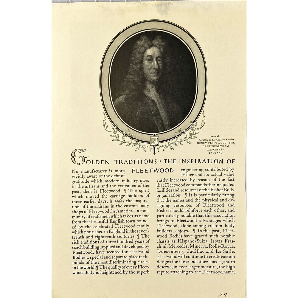 Fleetwood "Golden Traditions-The Inspiration of Henry Fleetwood" Picture Ad 1929